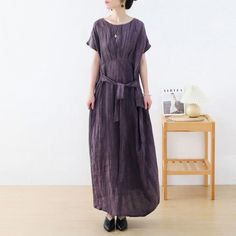 Dark Purple Dresses, Dresses Short Sleeve, Neck Wrinkles, Long Linen Dress, Tie Waist Dress, Summer Linen, Maxi Dress Online, Linen Maxi Dress, Vintage Maxi Dress