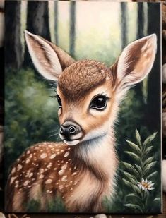 a painting of a deer in the woods