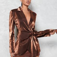 Purchase This Jacket And I Will Give You Any Item $10 Or Below At No Charge The Blazer Looks Exactly Like The Photos It Is Gorgeous, Just Doesn't Fit It Says It Is An Xs, It Is More Like A Size 8-10 But The Measurements Are Not Small 16" Shoulder 38" Chest 30" Long Gorgeous Copper Metallic Flattering.... The Prettiest Outfit At The Party Tie Front Lapel Blazer Non-Stretch 91% Polyester, 9% Elastane Lining: 100% Polyester Brown Fall Blazer For Night Out, Brown Blazer For Night Out In Fall, Chic Gold Long Sleeve Blazer, Brown Long Sleeve Blazer For Night Out, Fitted Long Sleeve Blazer For Going Out, Chic Brown Blazer For Night Out, Long Sleeve Blazer For Night Out In Fall, Winter Long Sleeve Blazer For Date Night, Fitted Long Sleeve Outerwear For Date Night