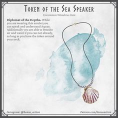 a necklace with a shell hanging from it's side and the words token of the sea speaker written below