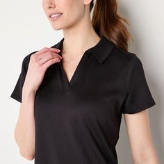 This Xersion women's ribbed short-sleeve polo shirt is a bright stylish piece you'll love having in your activewear rotation. Crafted from a soft stretch quick-dry fabric, this pullover top has a johnny collar and a v-neckline. Wear it with a skort or leggings. 2nd Piece Sleeve Length: Short SleevesFeatures: Quick Dry, Stretch FabricClosure Type: Pullover HeadFit: Regular FitNeckline: Open NeckSleeve Length: Short SleeveApparel Length: 24 Inches - FrontFiber Content: 93% Polyester, 7% SpandexFab Relaxed Fit Collared Sports Top, Fitted Sports Top With Polo Collar, Fitted Moisture-wicking Polo Collar Tops, Collared Athleisure Tops With Relaxed Fit, Sports Polo Collar Fitted Top, Fitted Moisture-wicking Polo Tops, Relaxed Fit Collared Tops In Athleisure Style, Moisture-wicking Fitted Polo Collar Tops, Relaxed Fit Collared Tops For Athleisure