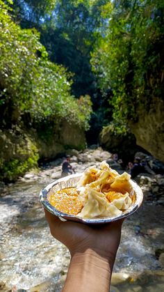 a person holding up a plate with food on it in front of some water and trees