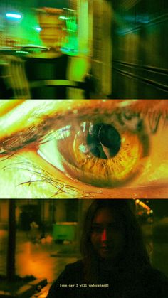 two different images of an eye with green and yellow lights