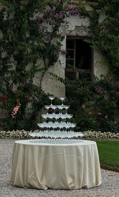 a wedding cake sitting on top of a table