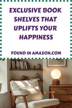 a white chair sitting in front of a book shelf with books on it and the words,