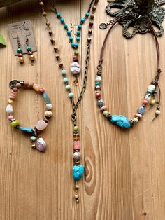 Earthy Brights Short Straight Across Necklace – Artistic Works By Lu Turquoise Rosary, Chunky Charm Bracelet, Cord Necklaces, Knot Jewelry, Double Necklace, Charms Necklace, Jewelry Knots, Beautiful Stones, Rosary Chain