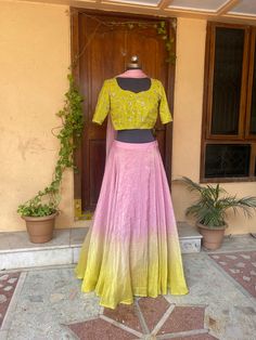 lehenga set  |womens lehenga choli |yellow red crop top lehenga set |designer haldi lehenga dupatta | wedding lehenga choli | lehenga usa Women's lehenga set /chiniya choli /teens embroidery lehenga skirt with dupatta /2D lehenga/ green pink lehenga /yellow lehenga       lehengas are one of the beautiful and versatile traditional attires of india !! we carry such pieces in budget with great quality that can be styled in multiple ways with different outfits !!       Here is Beautiful embroidery pure tissue crop top in mehendi green color with pearl beads embroidery paired with tissue silk buti heavy gear skirt in ombré dye  lehenga as shown!! Skirt has heavy gear and both pieces can be mix and matched with different outfits !! Ready to ship All over the world !! dupatta can be purchased sep Festive Pink Long Sharara, Festive Long Pink Sharara, Pink Zari Work Skirt Set For Party, Fitted Multicolor Long Lehenga, Multicolor Fitted Long Lehenga, Pink Long Skirt Lehenga For Navratri, Pink Long Lehenga For Navratri, Pink Lehenga With Dupatta, Pink Skirt Set For Festive Reception