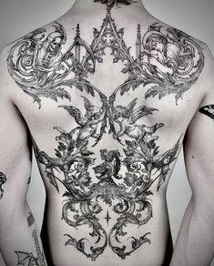 the back of a man with tattoos on his body