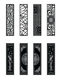 four different types of decorative wall hangings in black and white, each with an intricate design