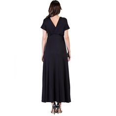 A formal look has never been so comfortable. With its regal full-length skirt this womens maxi dress makes for an elegant formal or casual look. Featuring a v-neck line and v cut on the back, cap sleeves, flared a line skirt, defined empire waist, and is made from a soft and comfortable stretch material in four beautiful year round colors and it is machine washable for easy care. The perfect dress to keep in your closet for any special occasions or just an eye-catching date night look. Made in t Solid Color A-line V-neck Evening Dress, Chic V-neck Evening Maxi Dress, Chic V-neck Maxi Dress For Evening, Formal Maxi Dress With Surplice Neckline For Spring, Flattering V-neck Evening Dress, Summer V-neck Maxi Dress With Flattering Silhouette, Elegant Summer V-neck Dress With Empire Waist, Elegant V-neck Dress With Empire Waist For Summer, Fitted Maxi Dress With Surplice Neckline For Dinner