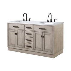 double sink vanity with two black faucets