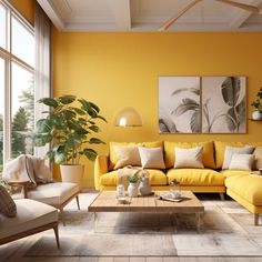 a living room with yellow walls and white furniture in the center, along with potted plants