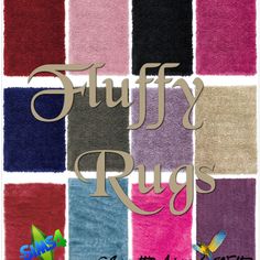 the words fluffy rugs are written in different colors and sizes, along with an image of