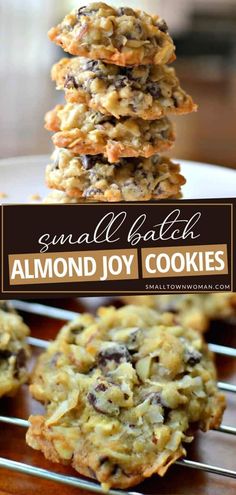 several cookies stacked on top of each other with the words, sundall batch almond joy cookies