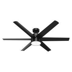 a black ceiling fan with a light on the top and two blades in front of it