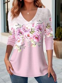 Flower Pattern Deep V Long Sleeve Ladies Top – insbyr Feminine Spring T-shirt For Day Out, Feminine T-shirt For Day Out In Spring, Chic Long Sleeve Spring T-shirt, Chic Long Sleeve T-shirt For Spring, Chic Floral Print Crew Neck Top, Ladies Top, Chic Look, Women Long Sleeve Tops, Weekend Style