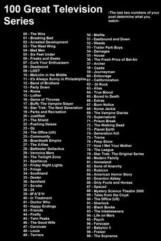 the 100 great television series list is shown in this black and white poster, which includes many