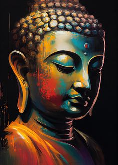 a painting of a buddha statue with bright colors on it's face and head