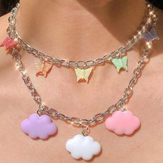 Colorful Butterfly & Clouds Necklace - Necklace Cloud Accessories, Clouds Necklace, Alt Wardrobe, Dream Asthetic, Pastel Accessories, Kawaii Swimsuit, Pastel Butterfly, Danish Pastel Aesthetic, Gothic Harajuku