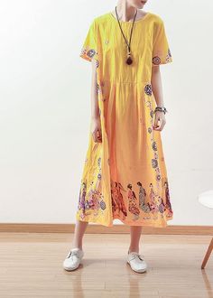 Summer Original Yellow Printed Linen DressFabric: Linen cotton Size & Fit: Fit: This garment fits true to size.Length: Size 2XL measures 44.85"from shoulder to hemBust: Great for any cup size. Waist: Loose Fit. Comfortable room throughout midsection.Hip: Loose Fit - room for hips. Hand Wash Cold. Casual Cotton Dress With Floral Print, Relaxed Fit Cotton Floral Print Dress, Cotton Floral Print Shift Dress, Cotton Shift Dress With Short Sleeves, Spring Cotton Dresses With Relaxed Fit, Floral Print Cotton Shift Dress, Casual A-line Cotton Dress, Yellow Relaxed Fit Cotton Dress, Cotton Dresses With Relaxed Fit