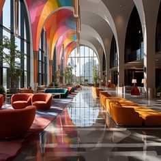 the lobby is filled with colorful furniture and large windows