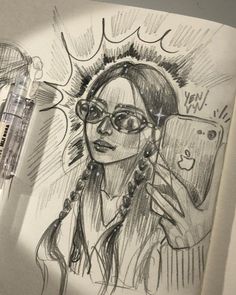 a drawing of a woman with glasses and braids on her head is next to a pen