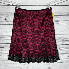 Flores & Flores Size 16 Black Floral Lace With Fuchsia Lining A-Line Godet Skirt. Side Clasp With Zipper Closure. Fully Lined. Shell Is Cotton, Nylon & Metallic Blend - Lining Is Acetate. Nwt, Brand New With Tags. Length Is 25” & Waist Is 17”. Measurements Taken While Garment Is Laying Flat. Fitted Pink Mini Skirt With Lace Trim, Jersey Knit Skirt, Neutral Capsule Wardrobe, Red Pencil Skirt, Button Up Skirts, Godet Skirt, Utility Skirt, Reversible Skirt, White Striped Skirt