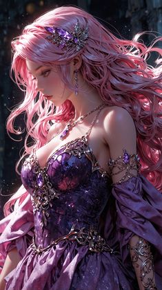 a woman with pink hair wearing a purple dress