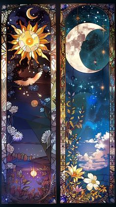 two stained glass windows with the moon and stars above them