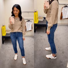 Jean With Sneakers Outfit, Sweater And Tennis Shoes Outfit, Gold Sneaker Outfits Women, Tan Crewneck Outfit, Sweater And Sneakers Outfit, Tan Sneakers Outfit, Jeans And White Sneakers Outfit, Gold Sweater Outfit, Jeans And Tennis Shoes Outfit