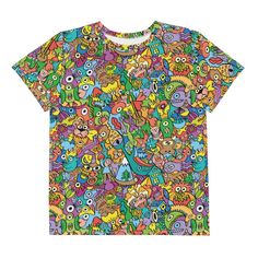 Crazy mix of people, monsters, aliens and a large dose of strange creatures. Everyone came to have fun forming a joyous and eccentric crowd that fully enjoy a well-animated carnival! Get a t-shirt that your teen will love! This tee is a colorful statement piece that's made of a soft fabric and has an eye-catching design that won't fade. • 95% polyester, 5% elastane (fabric composition may vary by 1%) • Fabric weight: 6.19 oz/yd² (210 g/m²) • Premium knit mid-weight jersey • Four-way stretch fabr Halloween Creatures, Strange Creatures, Crew Neck Tshirt, Weird Creatures, Elastane Fabric, Horror Movie, Unique Patterns, Horror Movies, Soft Fabric