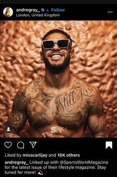 a man with tattoos on his chest and sunglasses in front of a brown background that says,