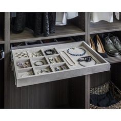 an organized closet with shoes and jewelry