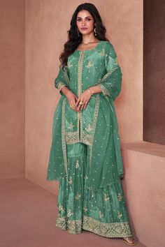 Moss Green Embroidered Faux Georgette Sarara Kameez Plazzo Suits, Georgette Fabric, Salwar Kameez