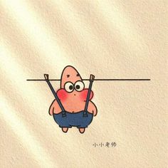 a cartoon character hanging on to the side of a wall with two swords in his hands