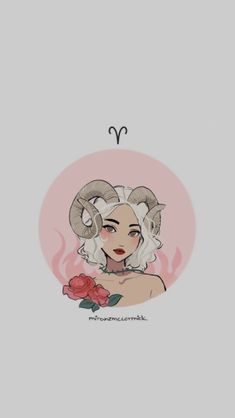 a woman with horns and roses on her head, in front of a zodiac sign