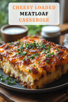 cheesy loaded meatloaf casserole on a plate with parsley