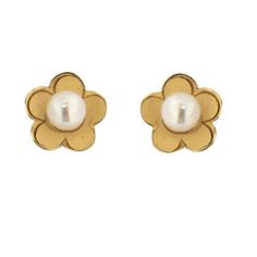 18K Solid Yellow Gold 3mm Pearl Satin Flower covered Screwabck Earrings Catholic Cross, Mens Silver Jewelry, Y 15, Crawlers Earrings, Baby Earrings, Kids Necklace, Gold Satin, Satin Flowers, Timeless Accessories