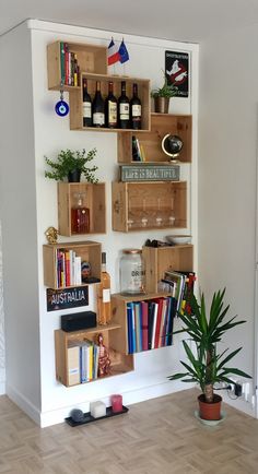 a wall mounted shelf filled with lots of books and wine bottles next to a potted plant