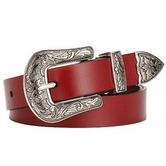 Authentic Western wear  Traditional American lifestyle  Genuine leather  Belt width : 1.1" (2.8cm)  Buckle material : alloy  Dimensions : W 2" (5.2cm), H 2 1/3" (6cm)  Exceptional finishing   Size chart   Red western belt for a modern cowboy look Coupled with a pair of radiant red cowboy boots, this Red Western Belt ties together a fabulous cowgirl attire, ready to rock your country music parties.   With its striking level of craftsmanship, this beautiful cowgirl belt will unquestionably make your ensemble shine.    Country line dancers' favorite belt  The spotlight will be on our highly captivating belt, adorned with a buckle that features timeless western designs.    FREE SHIPPING   SECURE PAYMENT   SATISFACTION GUARANTEE   I  f you liked this model, you're going to love our  black weste Adjustable Belt With Buckle Closure For Fall, Adjustable Leather Belt Buckle With Metal Buckle, Adjustable Leather Belt With Metal Pin Buckle, Retro Leather Belt Buckles, Retro Adjustable Leather Belt Buckles, Adjustable Retro Leather Belt Buckles, Western Style Silver Belt Buckle, Western Silver Belt With Buckle Closure, Western Silver Belt With Buckle