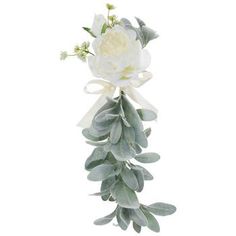 white flowers and greenery are hanging from the side of a long branch on a white background