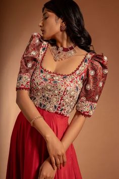 Shop for Sejal Kamdar Pure Satin Crepe Floral Yoke Embroidered Umbrella Gown for Women Online at Aza Fashions Umbrella Gown, Red Umbrella, Gowns Online, Indian Fashion Designers, Pernia Pop Up Shop, Sequins Embroidery, U Neck, Cherry Red, Aza Fashion