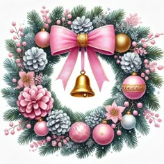 a christmas wreath with pink ornaments and bells on the front, surrounded by pine cones