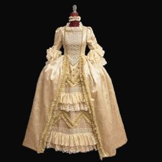 Golden Rococo Ball Gown with Regal Elegance – Vintage Lace Embellished Baroque Style Dress - Victorian Dress Plus Size - WonderlandByLilian Baroque Era Fashion, Roccoco Dress, Rococo Fashion Modern, Roccoco Dresses, Baroque Dresses, Vintage Dresses 1800, 1600s Fashion, Baroque Aesthetic, Royal Ball Gowns