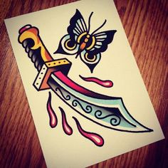 a drawing of a knife with a butterfly on it's head and wings above the blade