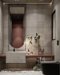 a bathroom with a sink, mirror and plants