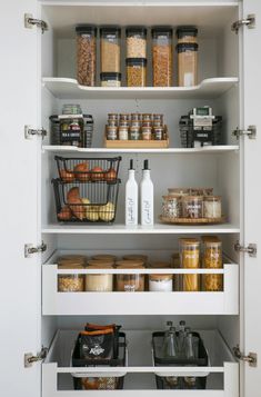 Description Our large handy metal storage baskets are a beautiful addition to your home. Use it in your kitchen to hold snacks, fruits, dry goods and pantry staples or in your bathroom and laundry to hold towels, cleaning products and your everyday essentials. The handles add a touch of modernism and makes it a breeze to pull off a shelf or arrange throughout your cupboards. LABELS NOT INCLUDED Material: Iron mesh with powder coating Dimensions: Pantry Containers, Pantry Storage Containers, Pantry Organisation, Pantry Cupboard, Airtight Storage, House Organisation, Kitchen Pantry Design, Kitchen Storage Containers, Home Organisation