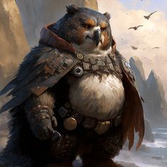 a bear dressed in armor standing next to the ocean with birds flying above it and rocks on both sides