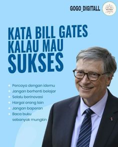 a man in a suit and tie standing next to a blue background with the words katta bill gates kaua mau sukes