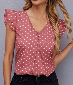 🔎[FD60206] Polka Dot V Neck Blouse, Elegant Ruffle Sleeve Top For Spring & Summer, Women's Clothing#blouse Solid Tank Tops, Ruffled Sleeve Top, V Neck Blouse, Sleeveless Tank Top, Tank Top Shirt, Low Price, Sweater Hoodie, Sweater Top, Collar Styles